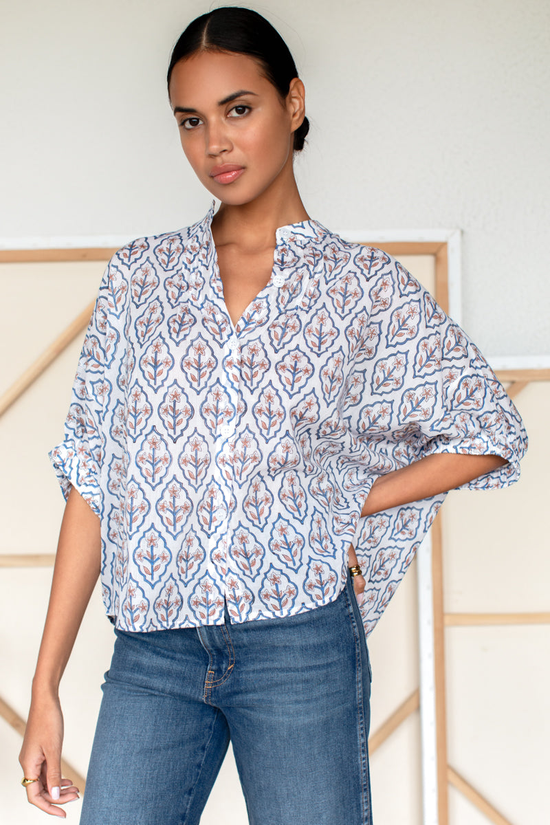 Mandarin Collar Top - Blue Portrait Floral