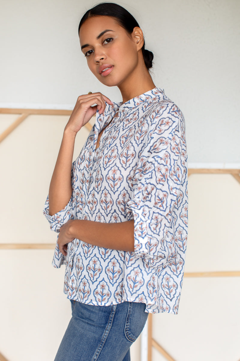 Mandarin Collar Top - Blue Portrait Floral