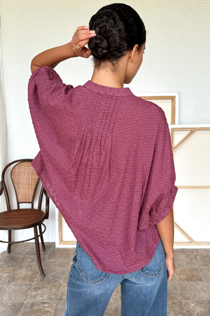 Mandarin Collar Top - Crushed Berry Swiss Dot Organic