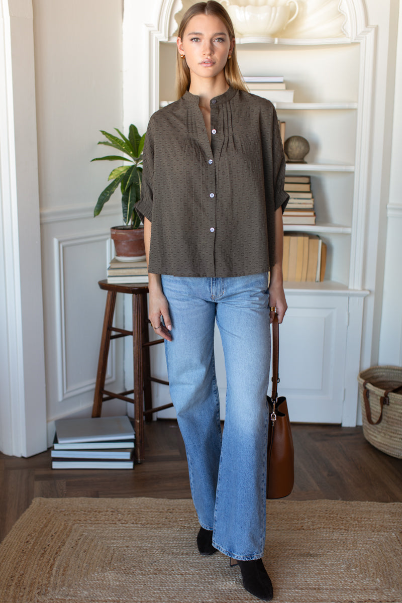 Mandarin Collar Top - Olive Grove Swiss Dots Organic