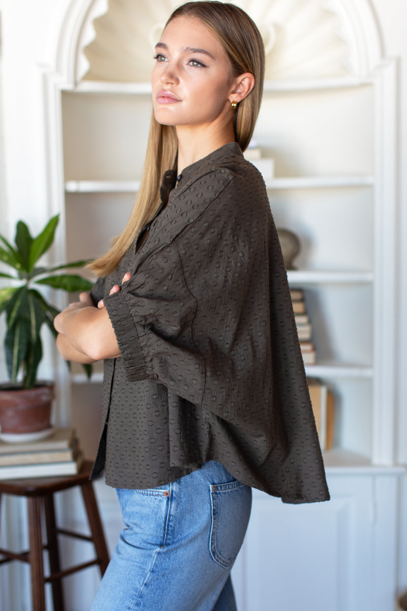 Mandarin Collar Top - Olive Grove Swiss Dots Organic