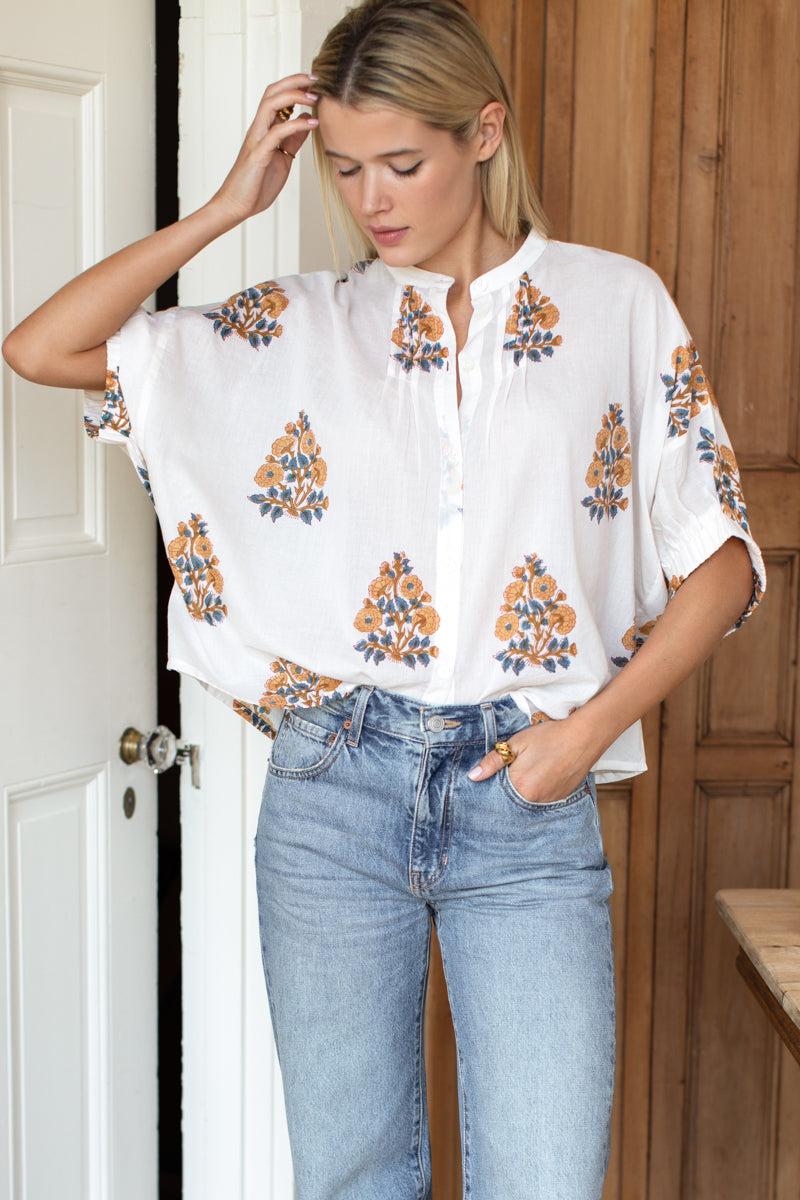 Mandarin Collar Top - Tomas Flowers Marigolds Organic