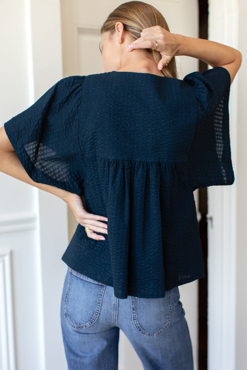 Marion Button Blouse - Navy Textured