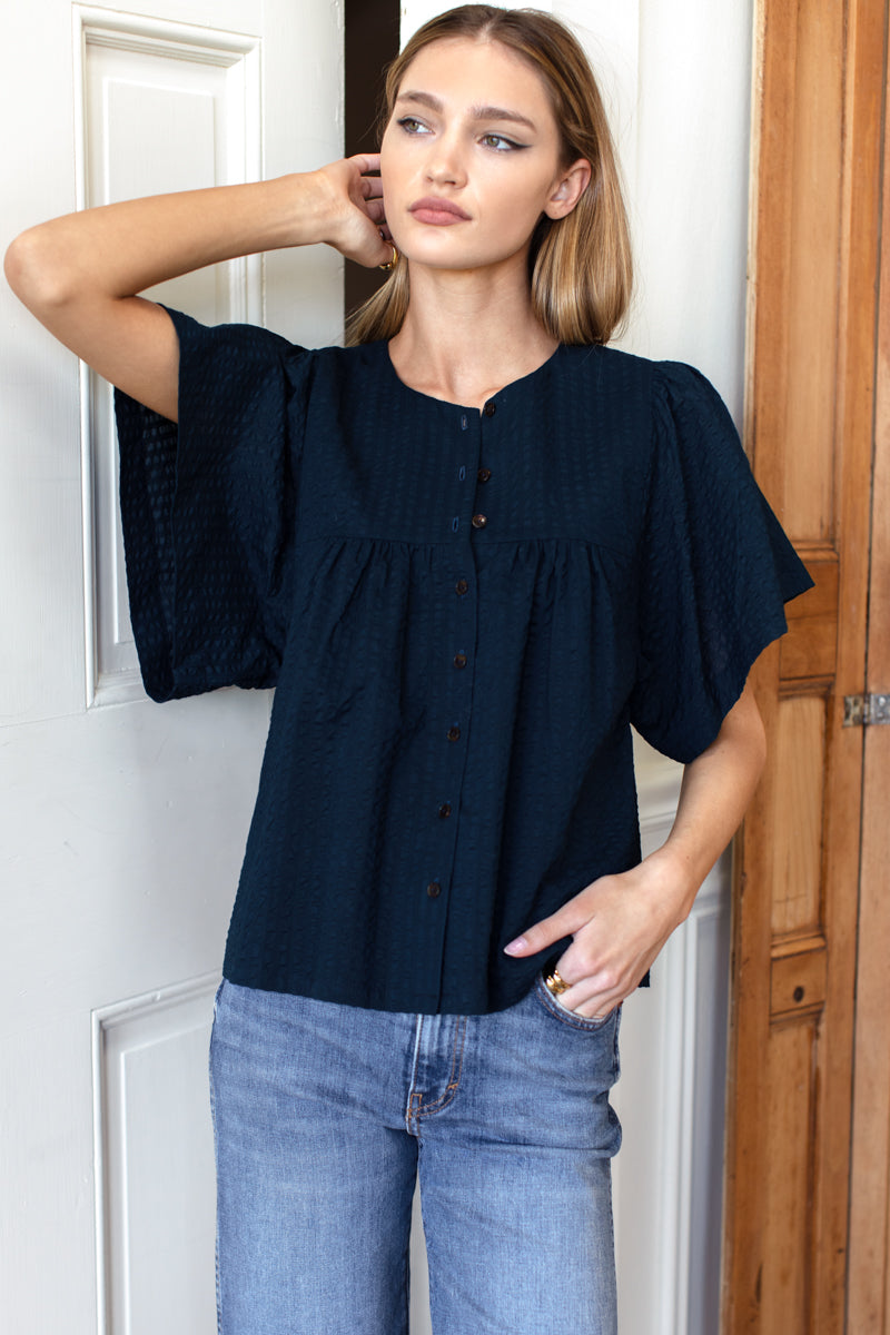 Marion Button Blouse - Navy Textured