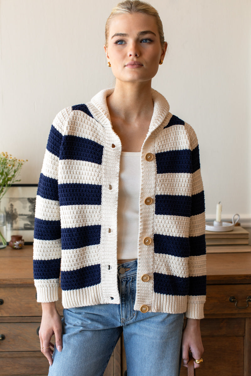 Playa Stripe Cardigan - Ivory + Navy Tanguis Cotton