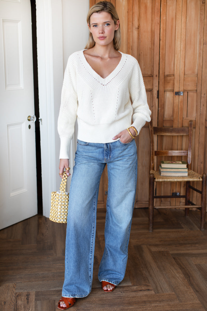 Pointelle V Neck Sweater - Ivory Organic