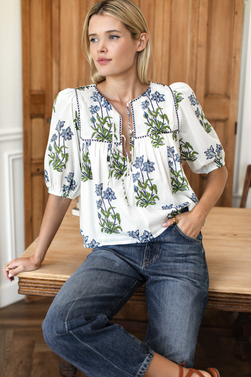Puff Isla Top - Blue Clematis Flowers + Midnight Embroidery Organic