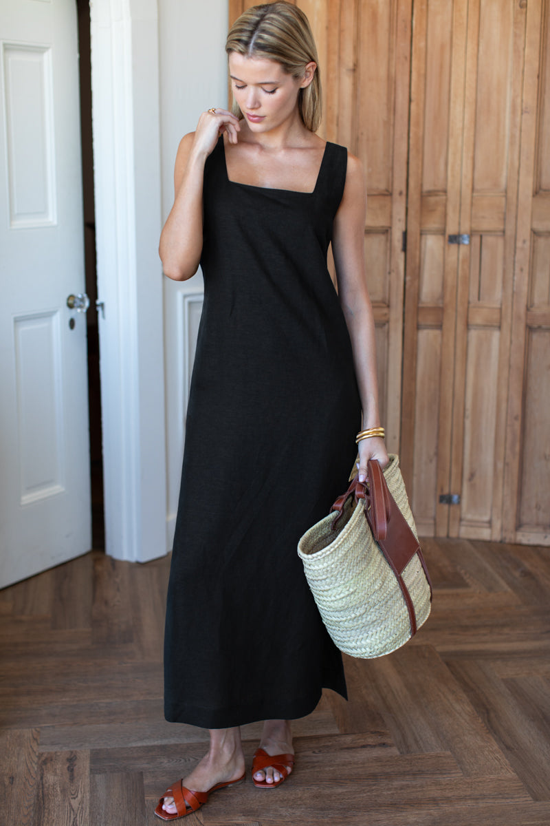 Roma Maxi Shift Dress - Black Linen XS Roma Maxi Shift Dress - Black Linen XS