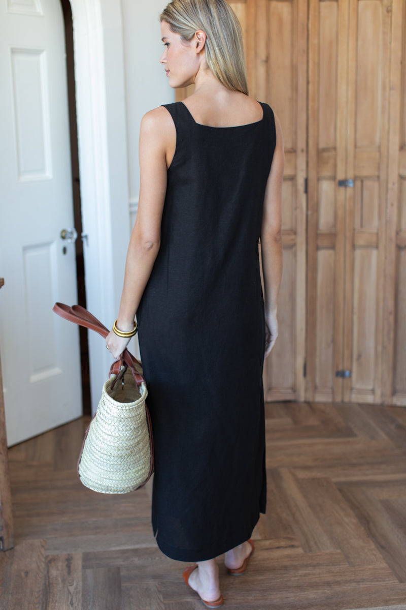 Roma Maxi Shift Dress - Black Linen