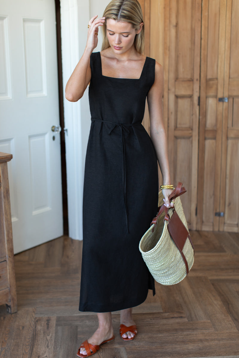 Roma Maxi Shift Dress - Black Linen