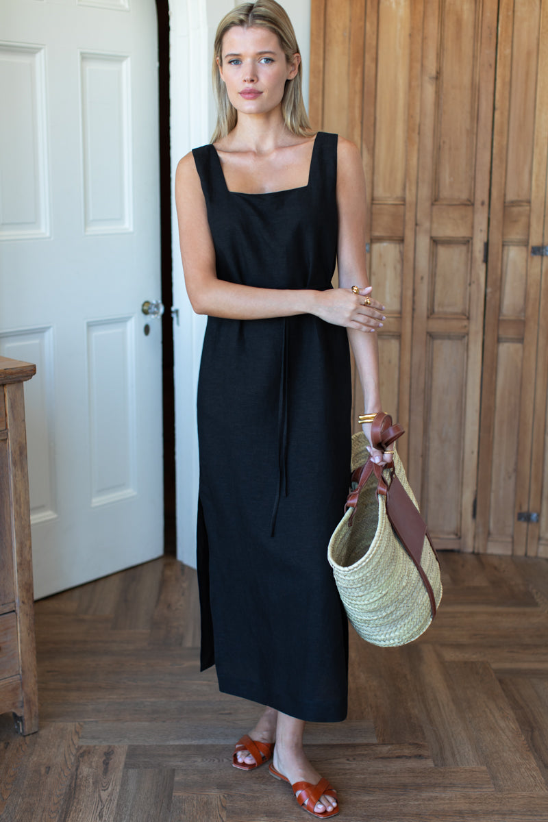 Roma Maxi Shift Dress - Black Linen