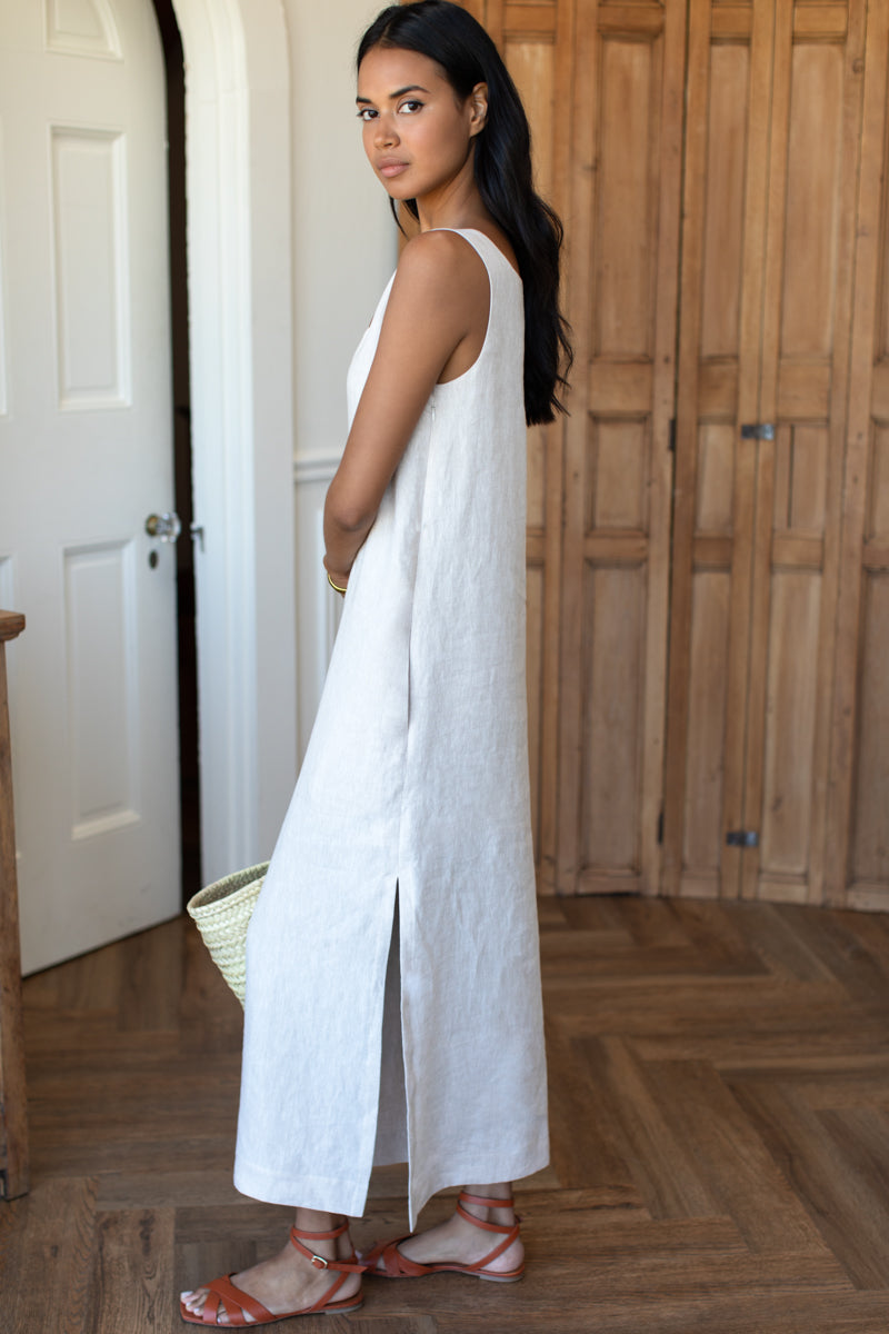 linen maxi shift dress Brown Cotton Linen Wavy Stripe Maxi Shift Dress 66" / Petite (5'1" and below)