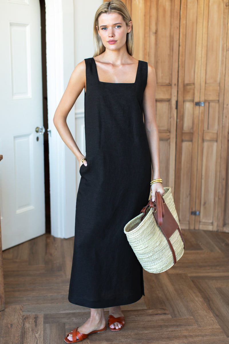 Roma Midi Shift Dress - Black Linen