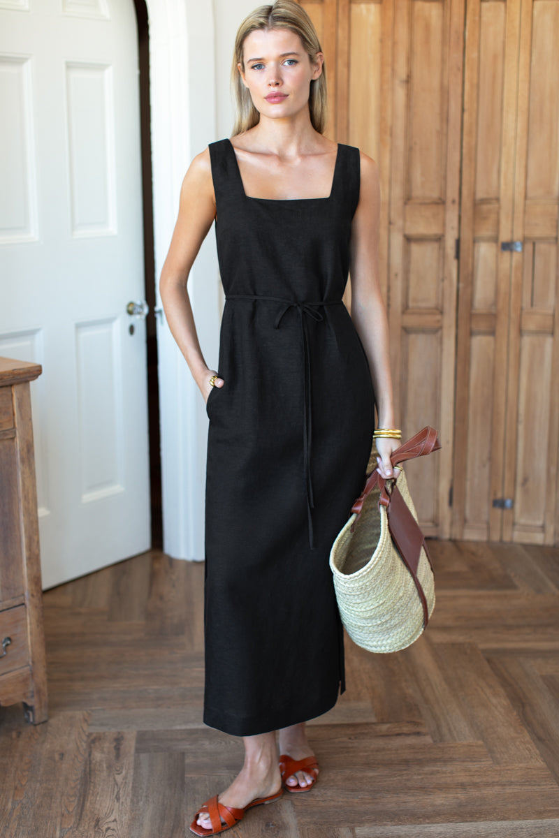 Roma Midi Shift Dress - Black Linen