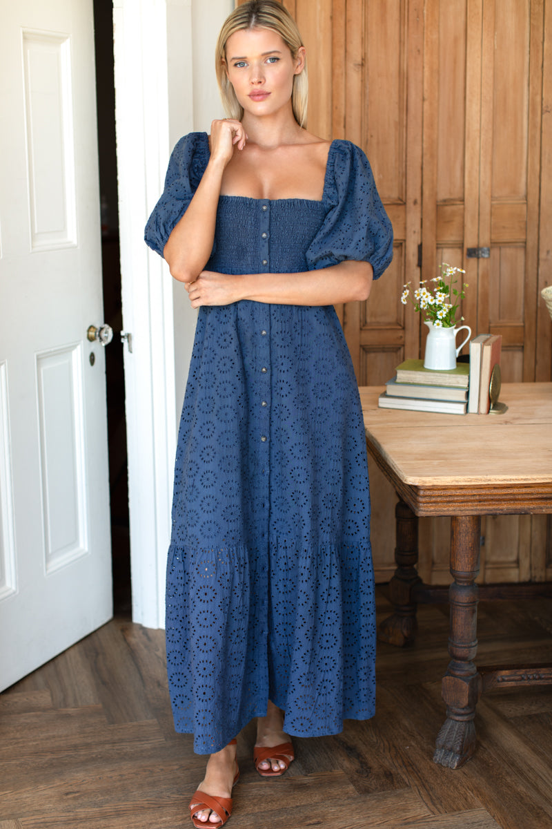 Santiago 4 Maxi Dress - Blue Indigo Eyelet - Emerson Fry Santiago 4 Maxi Dress - Blue Indigo Eyelet - Emerson Fry