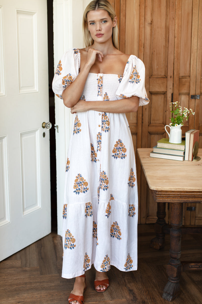 Santiago 4 Maxi Dress - Tomas Flowers Marigolds Linen