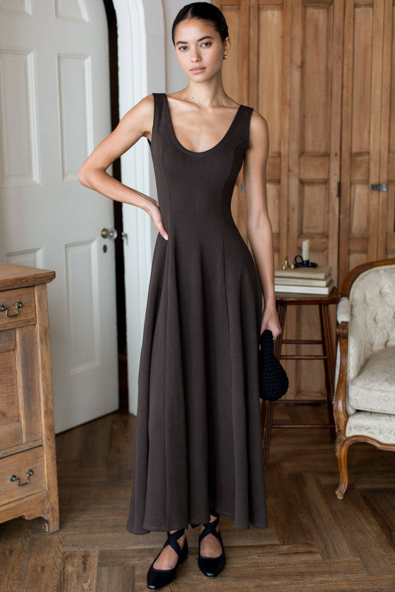 Scoop Layering Maxi Dress - Deep Brown Rib