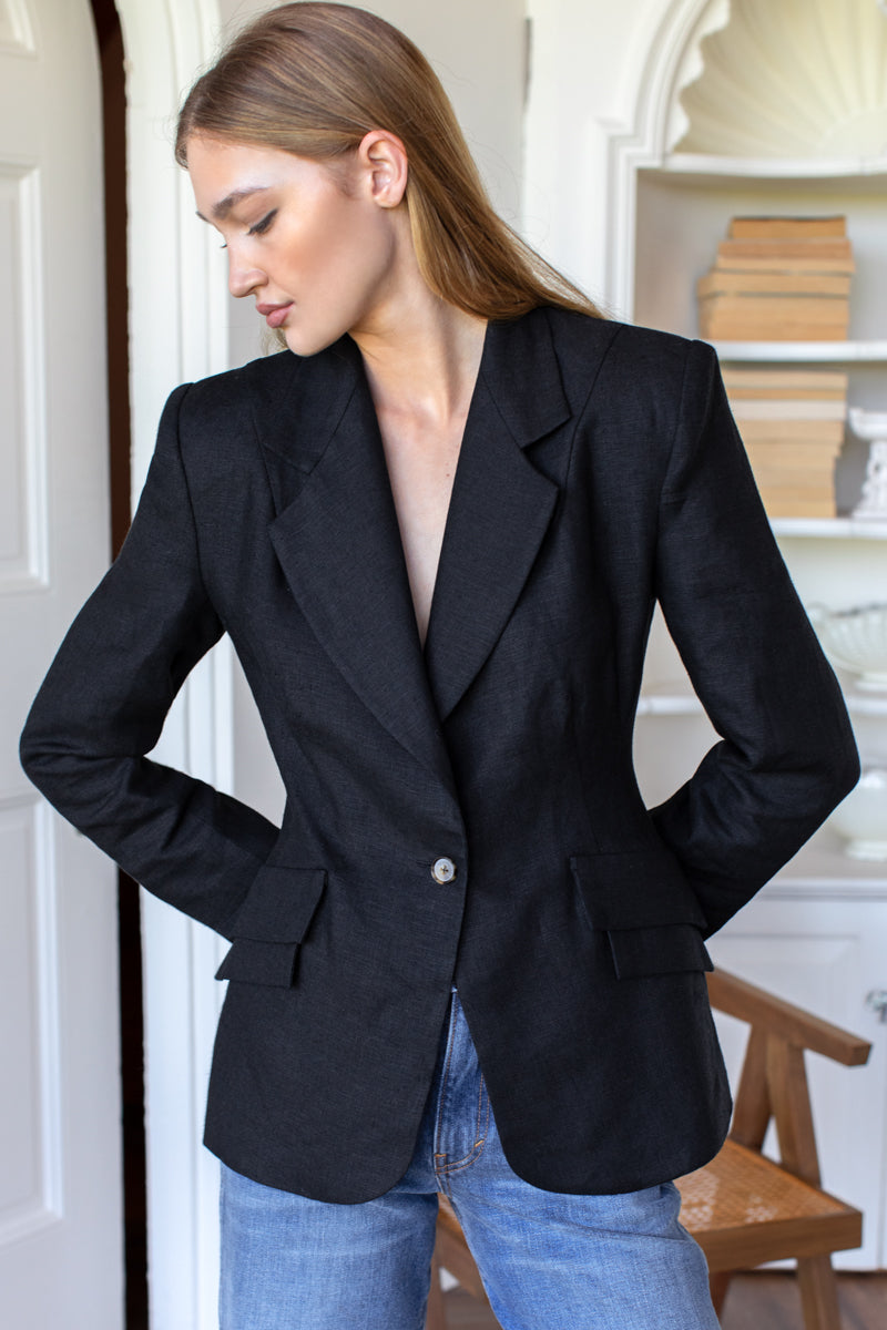 Sculptural Pocket Blazer - Black Nevada Linen