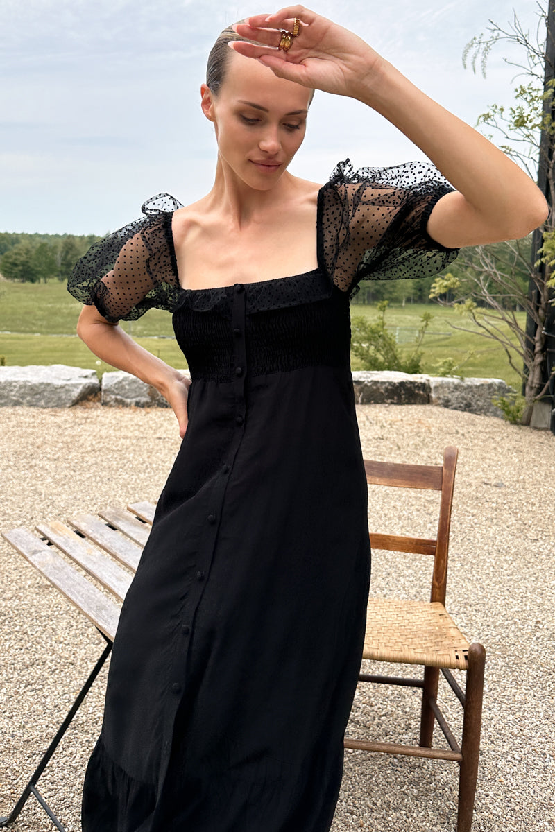 Shirred Bodice Maxi Dress - Black Dots