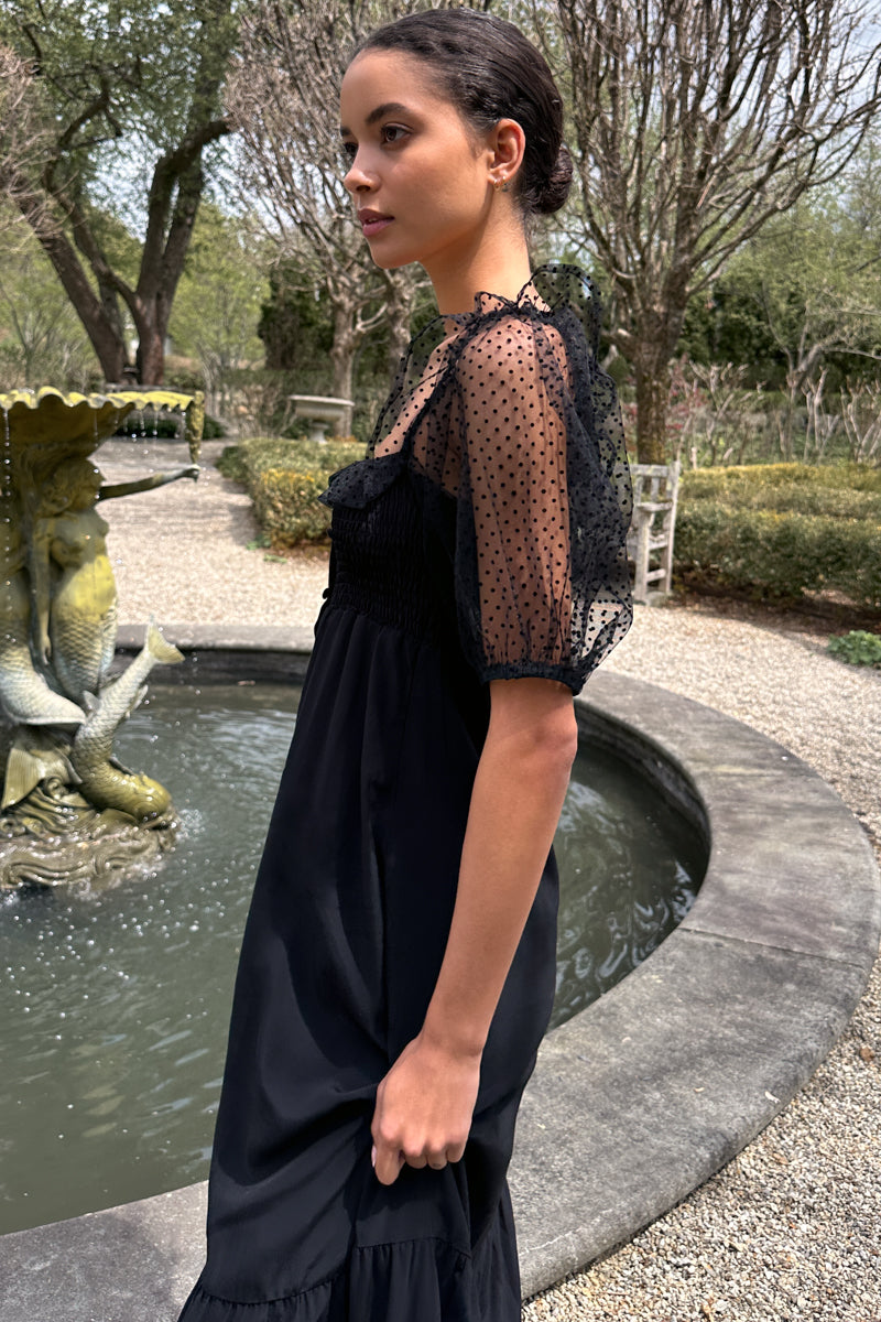 Shirred Bodice Maxi Dress - Black Dots