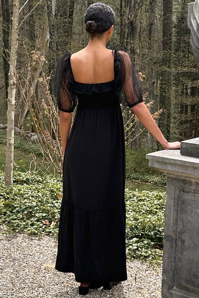 Shirred Bodice Maxi Dress - Black Dots