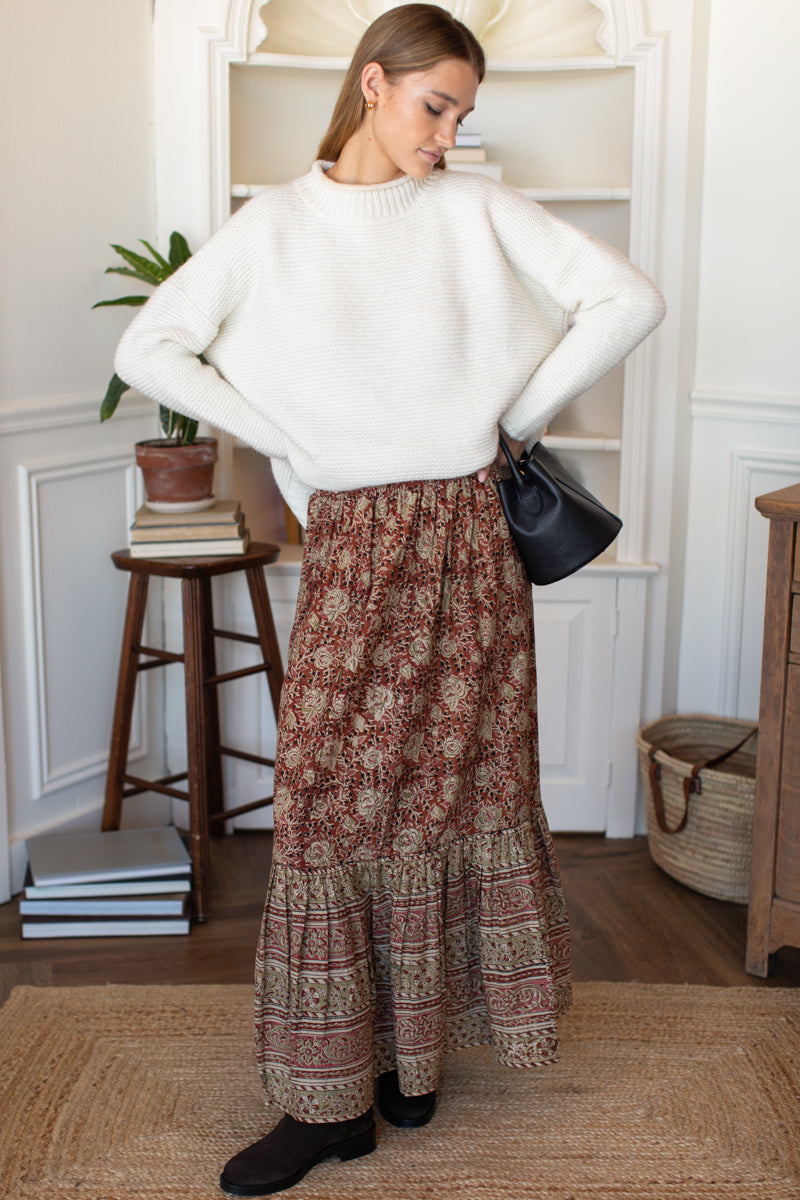 Shirred Skirt - Vintage Floral Stripe Terracotta Organic