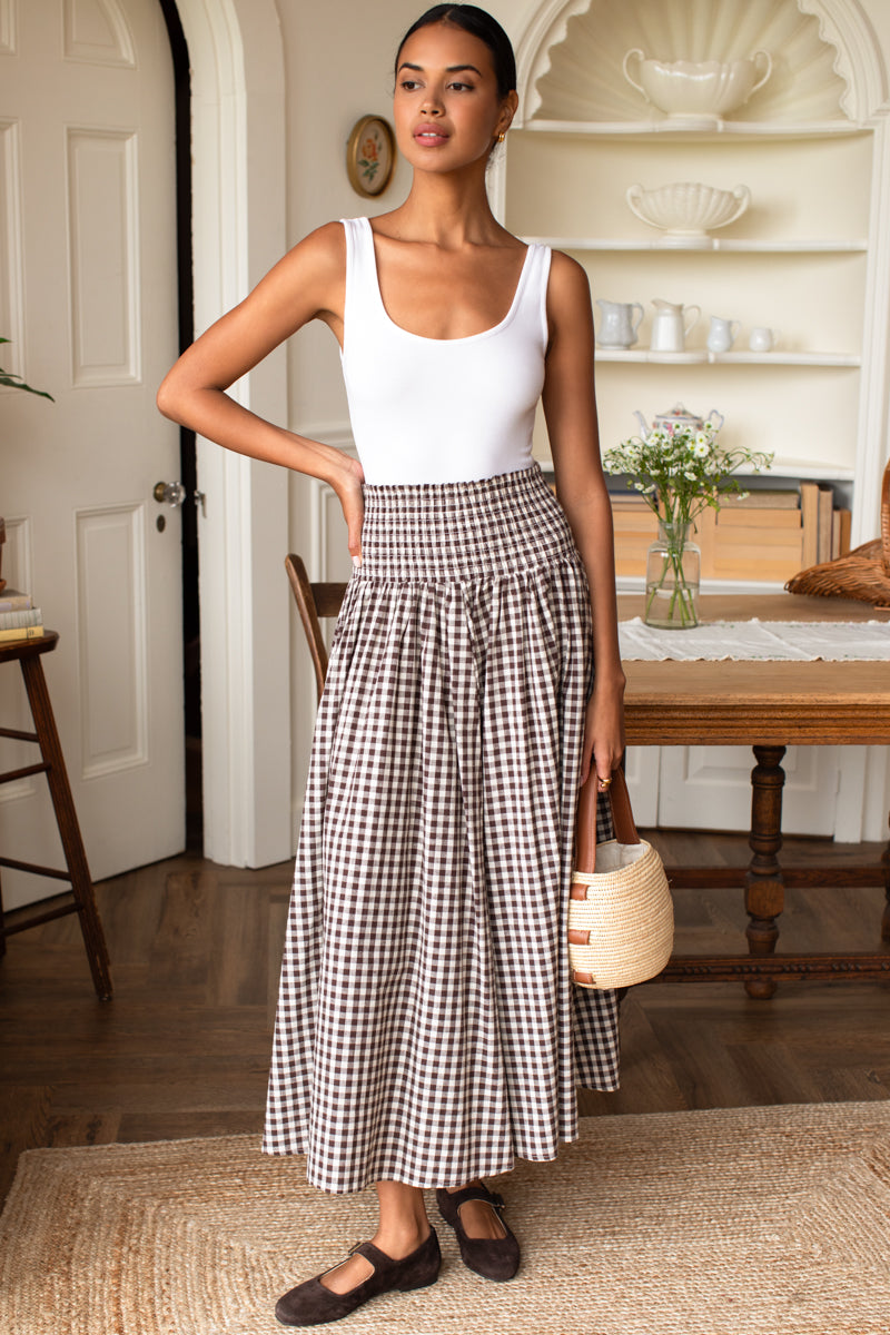 Smocked Maxi Skirt - Cocoa Gingham