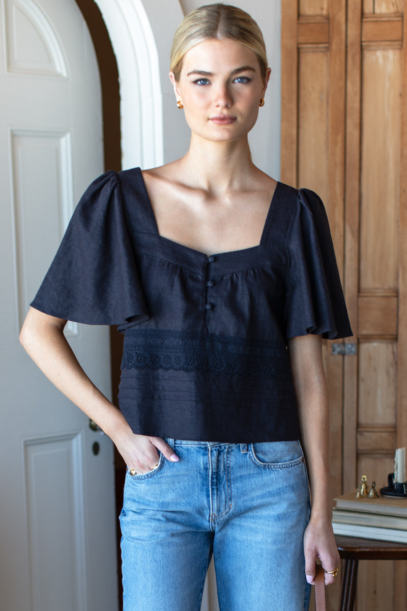 Solstice Tuckpleat Top - Midnight Linen