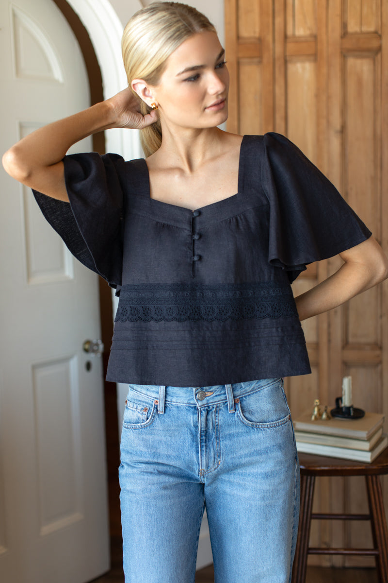 Solstice Tuckpleat Top - Midnight Linen
