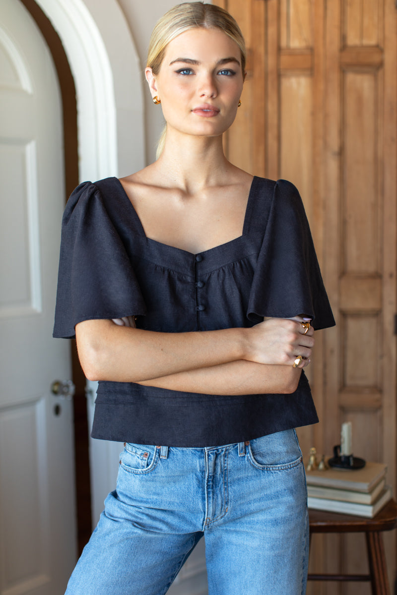 Solstice Tuckpleat Top - Midnight Linen