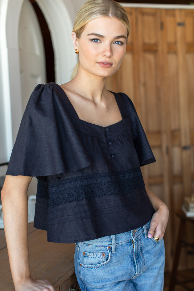 Solstice Tuckpleat Top - Midnight Linen