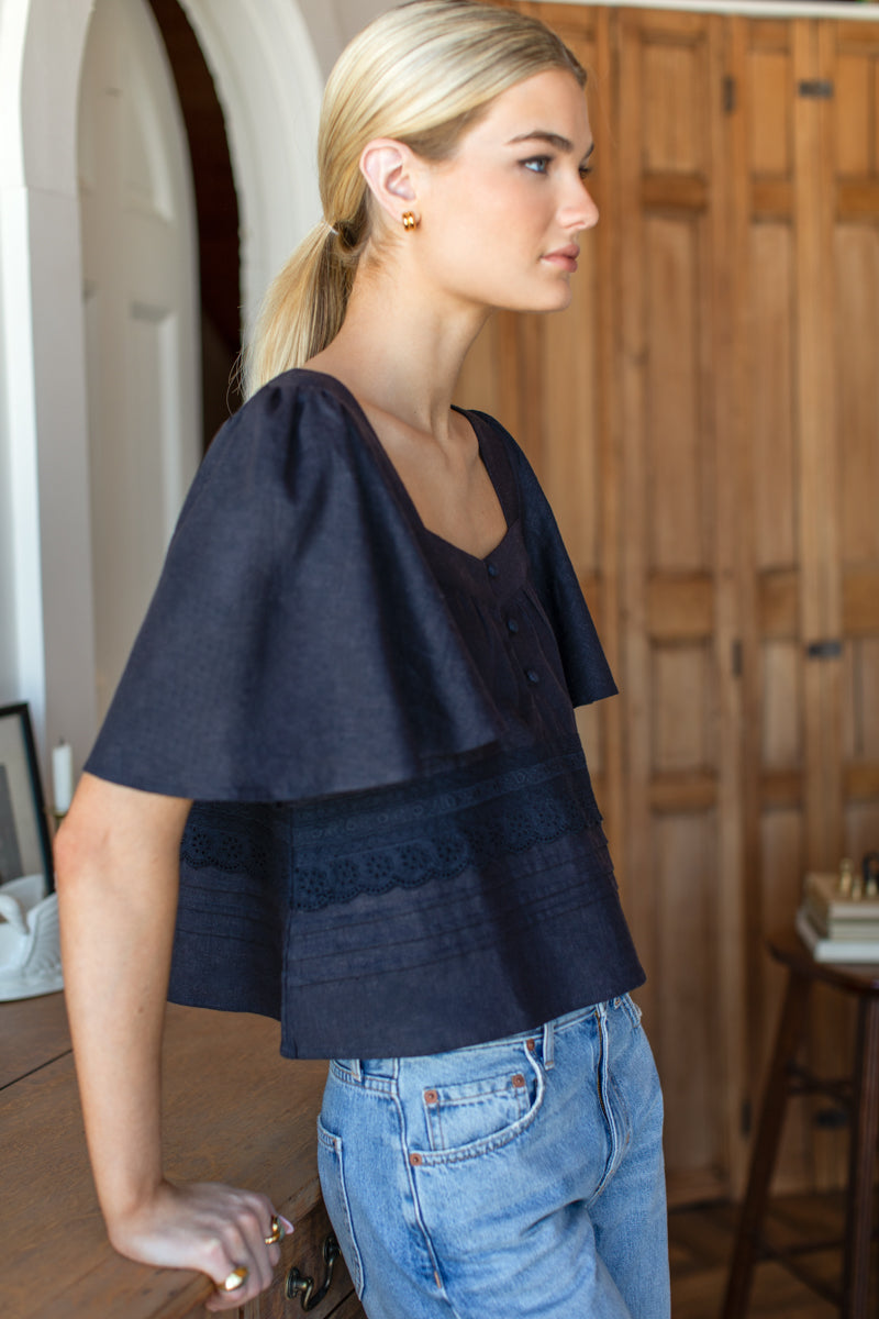Solstice Tuckpleat Top - Midnight Linen