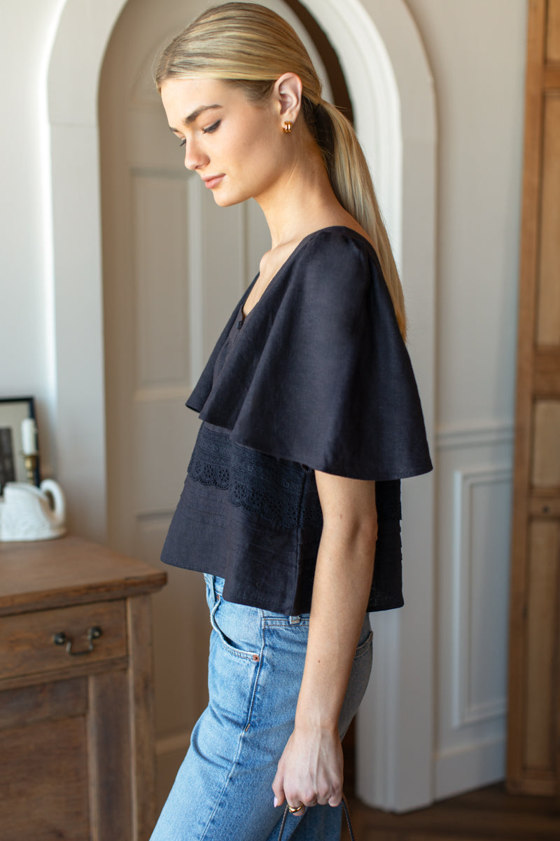 Solstice Tuckpleat Top - Midnight Linen