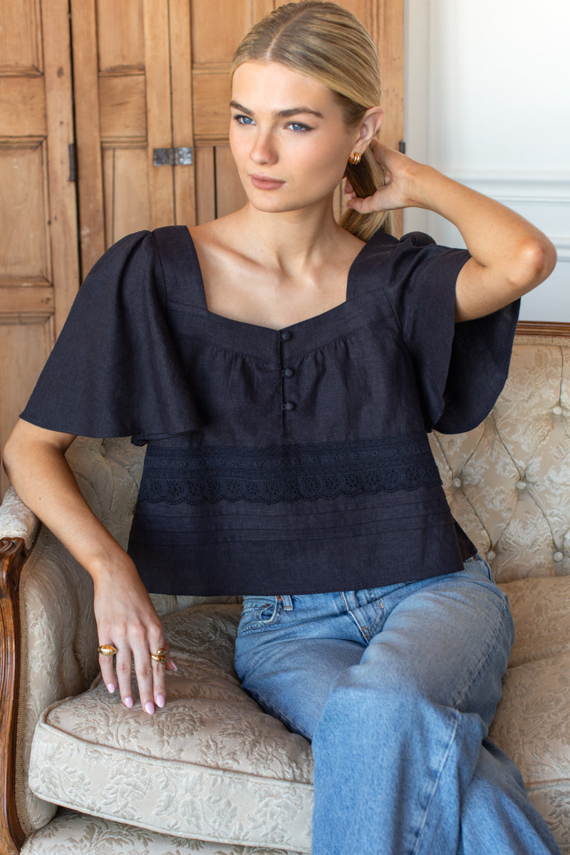 Solstice Tuckpleat Top - Midnight Linen