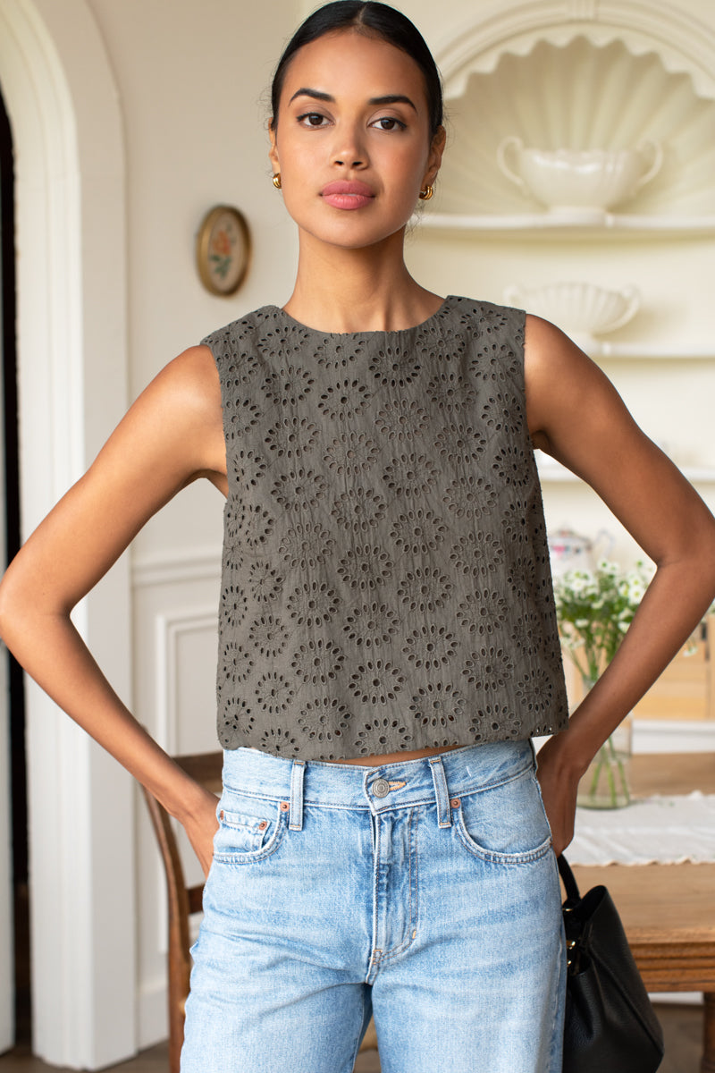 Studio Boxy Top - Olive Grove Eyelet