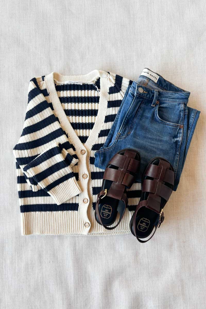 Low V Neck Cardigan - Navy French Stripe Organic