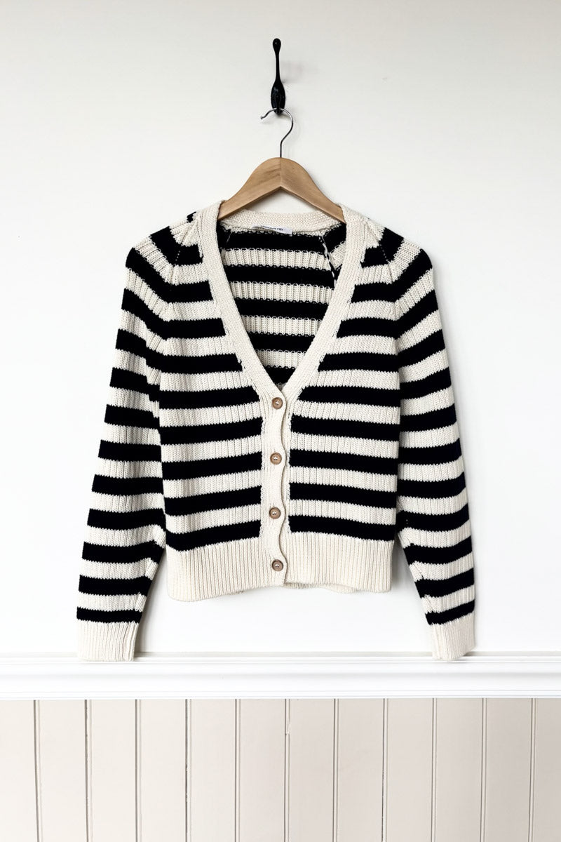 Low V Neck Cardigan - Navy French Stripe Organic