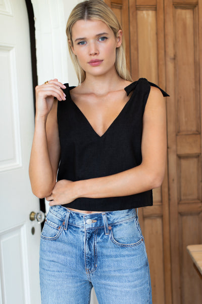 Tie Shoulder Mod Top - Jet Black Linen - Emerson Fry
