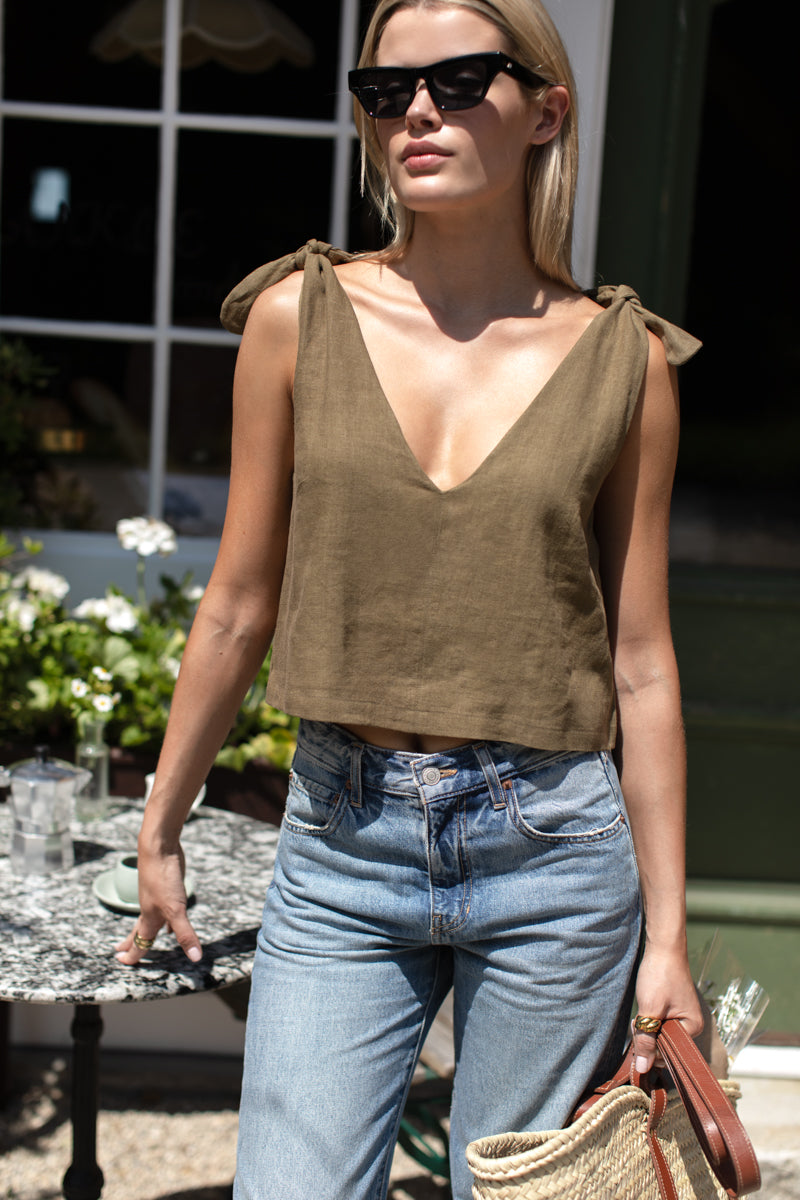 Tie Shoulder Mod Top - Gothic Olive Linen