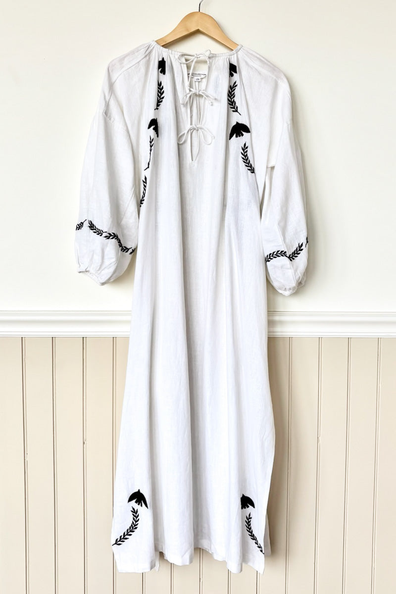 Folk Maxi Dress - White Dove Embroidery Linen Folk Maxi Dress - White Dove Embroidery Linen