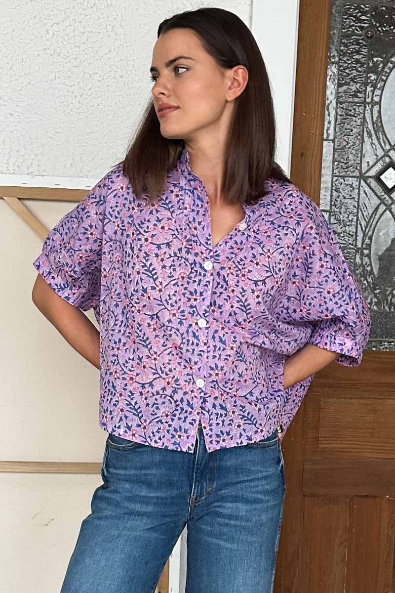 Mandarin Collar Top - Violet Wildflower Organic