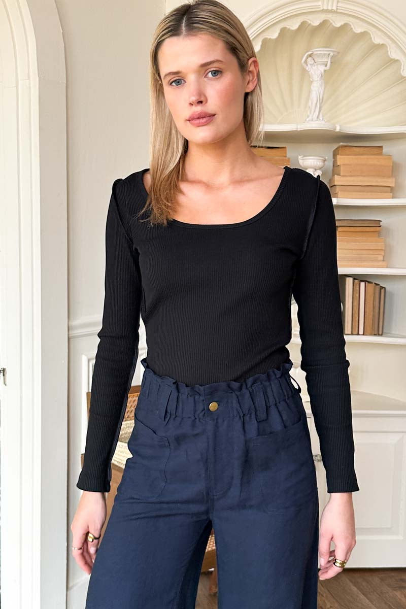 Swan Rib U Neck Longsleeve Top - Black Swan Rib - Emerson Fry