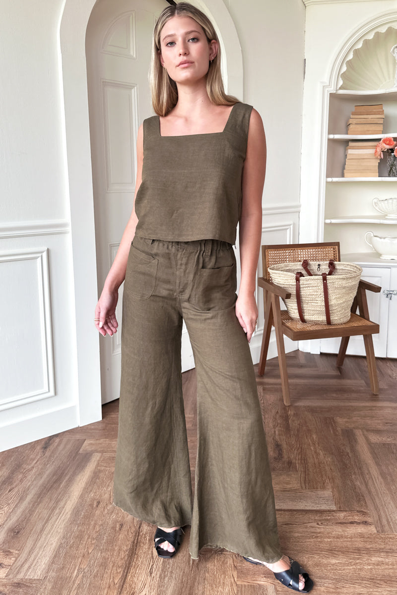 Tulip Wide Leg Pant - Martini Olive Linen