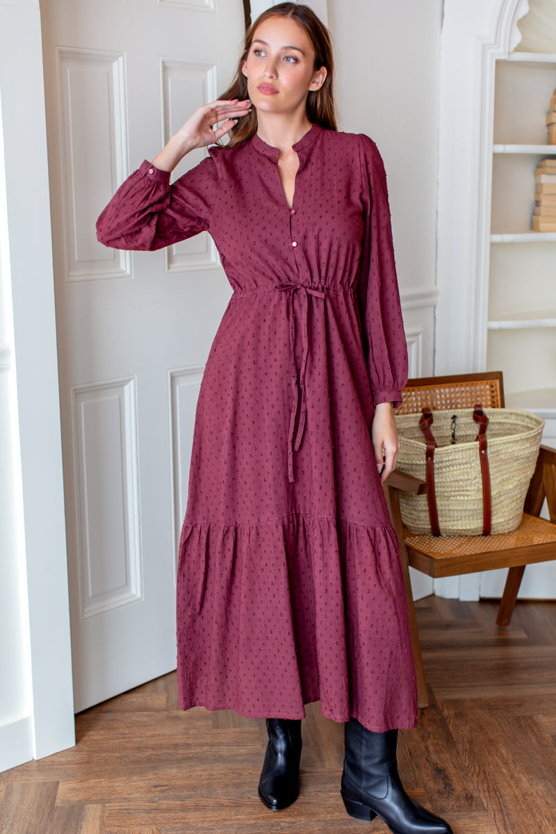 Frances 3 Dress - Burgandy Swiss Dot Organic M Frances 3 Dress - Burgandy Swiss Dot Organic M