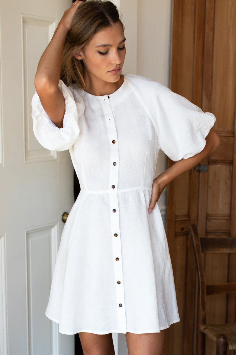 white button down mini dress Short Sleeve Cinched Waist Button Down Tailored Mini Dress In Cream | EGO US