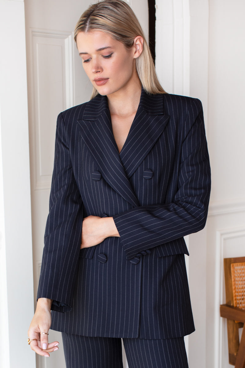 Strong Shoulder Blazer - Navy Pinstripe