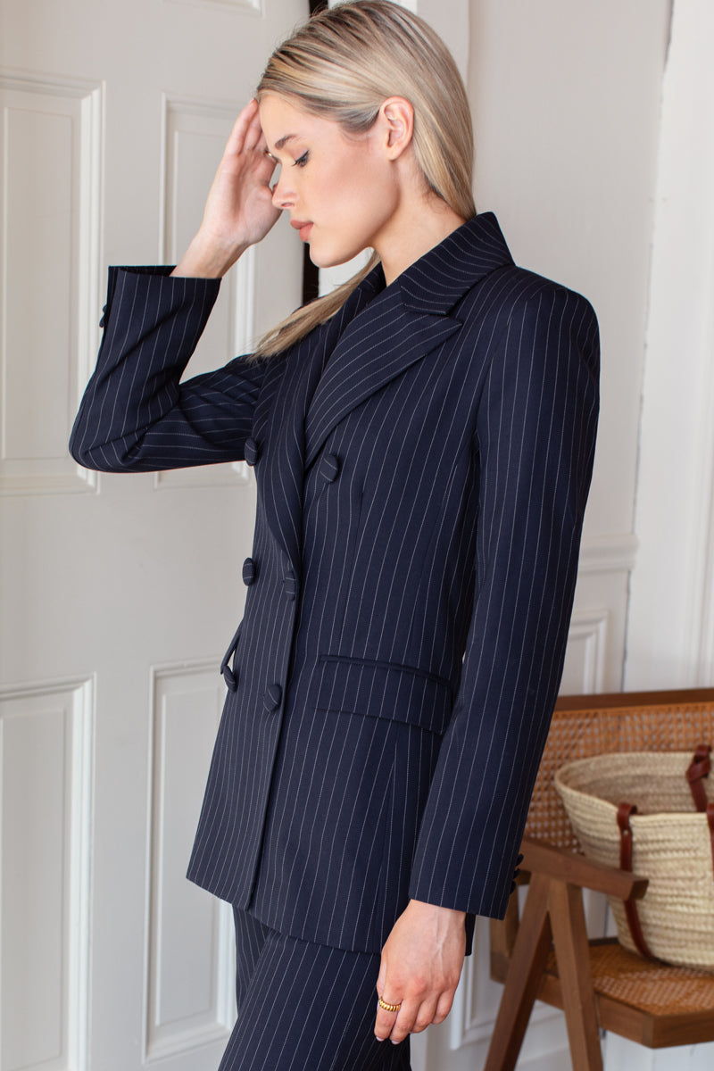 Strong Shoulder Blazer - Navy Pinstripe