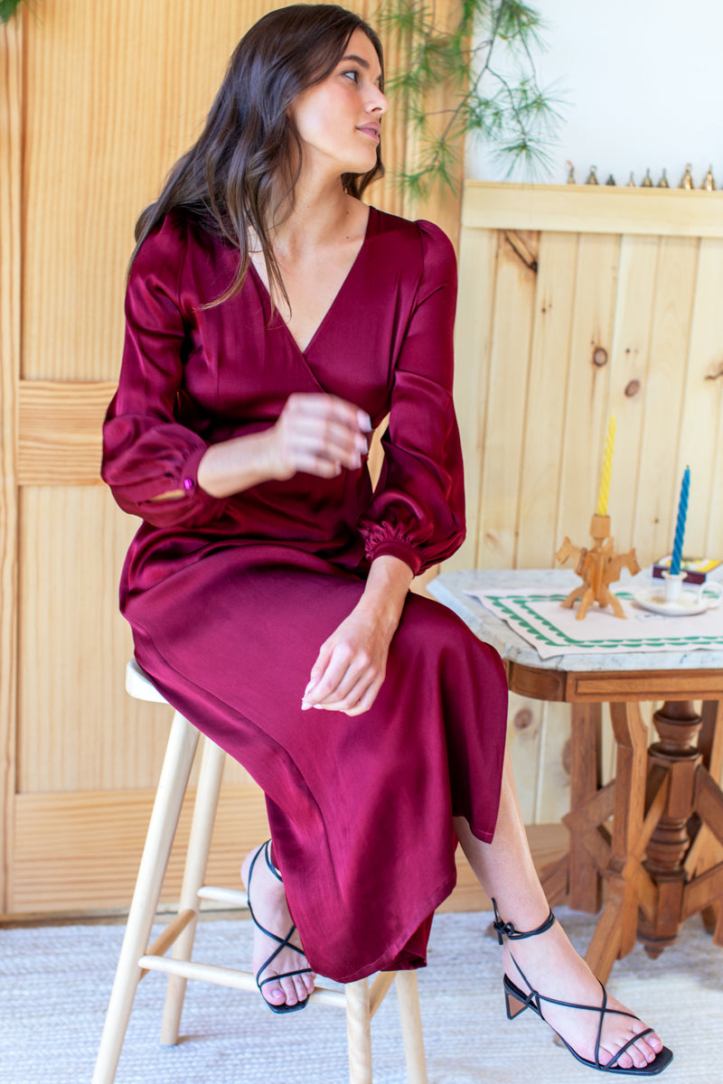 Bishop Sleeve Dress - Cabernet Satin Bishop Sleeve Dress - Cabernet Satin