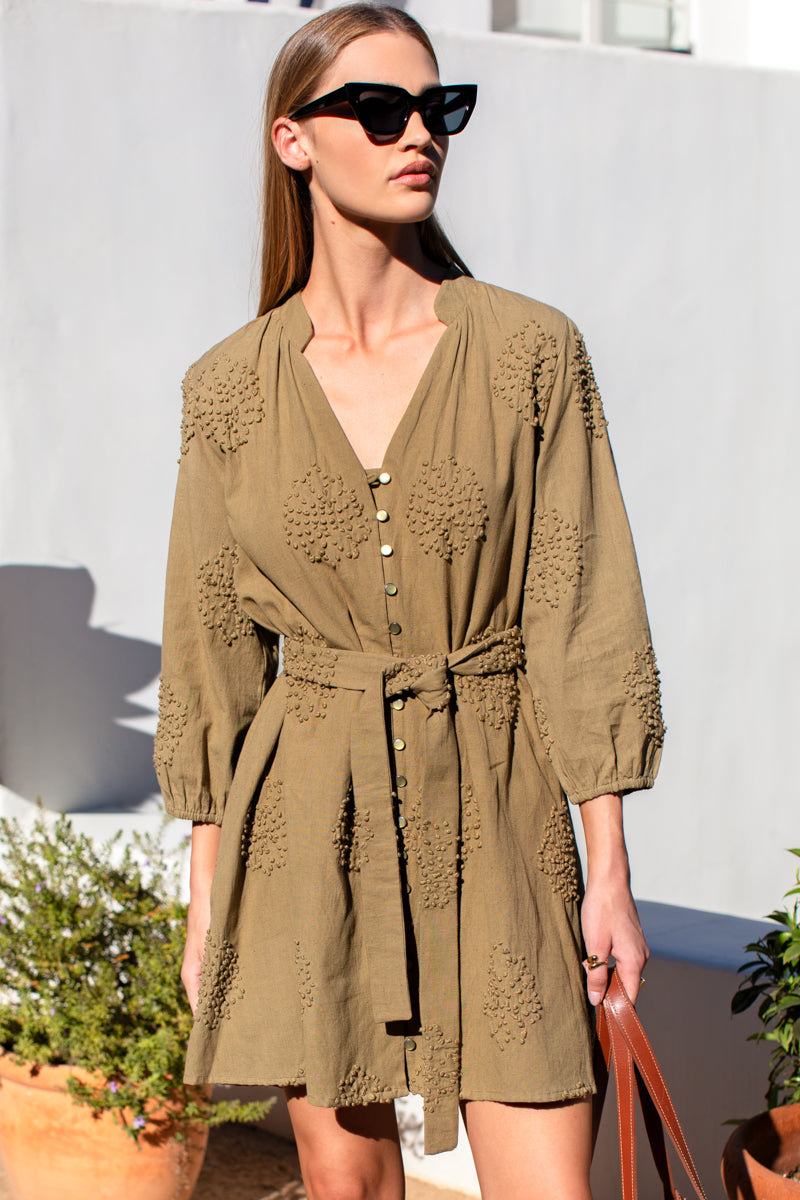 Blouson Dress - French Knot Floral Gothic Olive