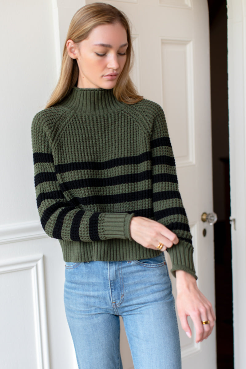 Boxy Funnel Neck Sweater - Army + Black Stripe